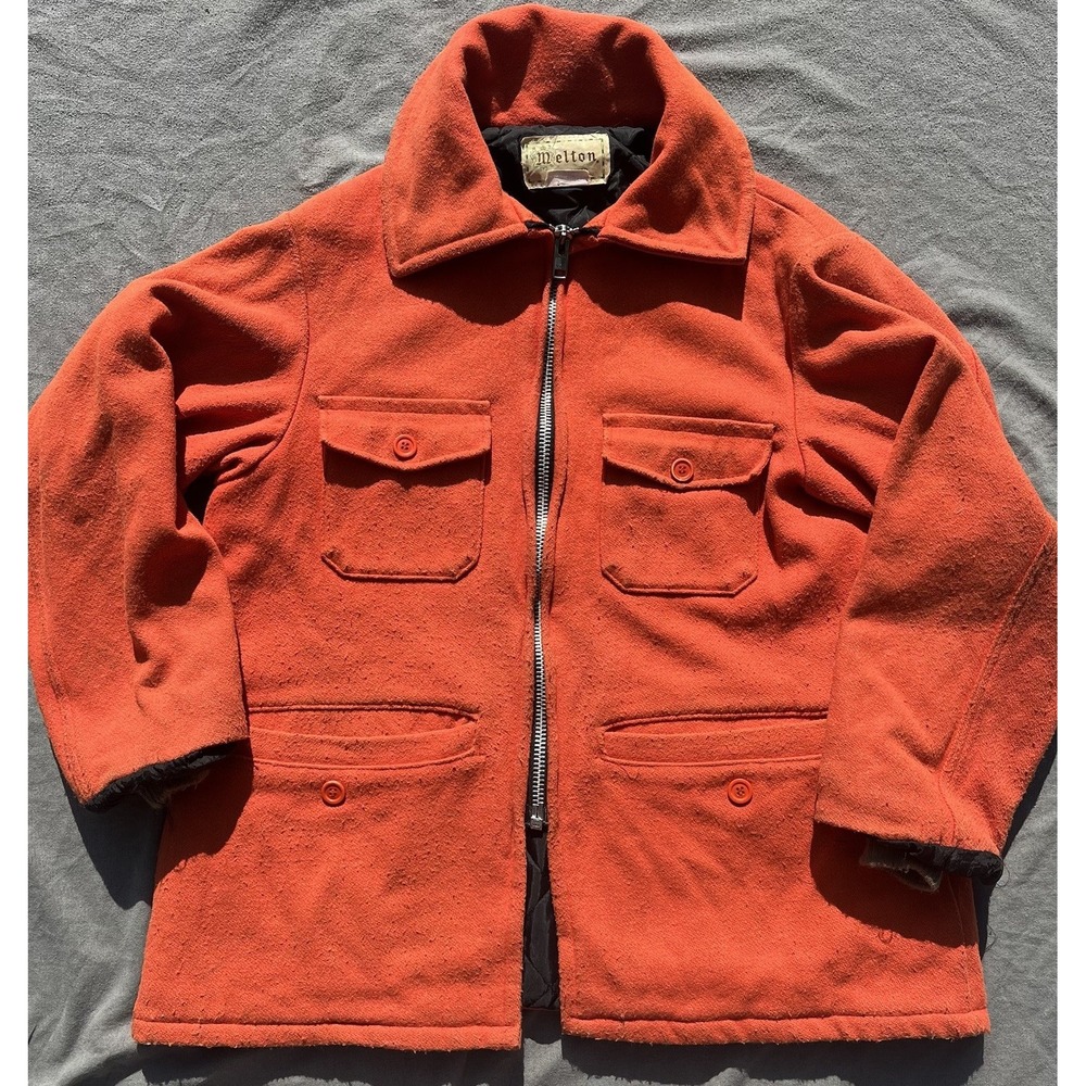 Vintage Melton Full Zip Wool Hunting Coat Jacket Size L Orange 70s 80s USA Made